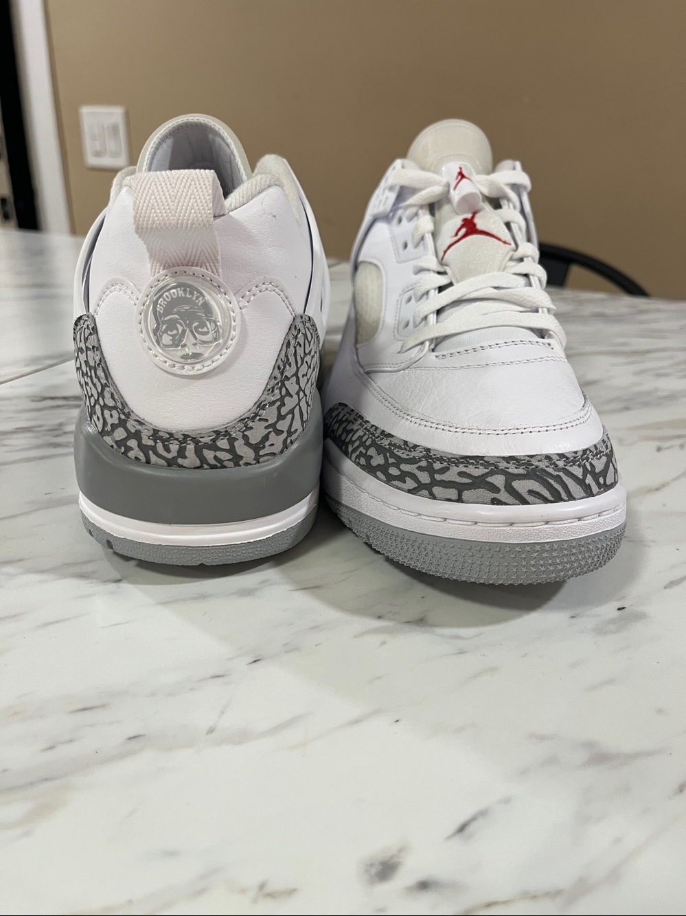 Jordan White Leather Sneakers with Gray Elephant Print and Red Jumpman - Picture 2 of 6
